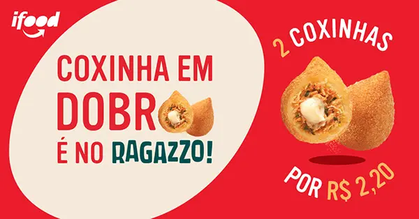 iFood key visual, coxinha 'em dobro' with the coxinha standing in for the letter O.