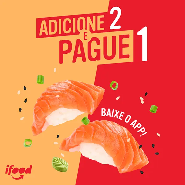 iFood key visual, sushi two-for-one 'adicione 2, pague 1' offer pushing app downloads, in a palette off the usual iFood red.