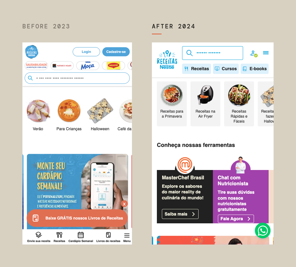 Receitas Nestlé mobile home, before/after 2023 vs 2024: header and menu consolidated, tools surfaced in the first fold.
